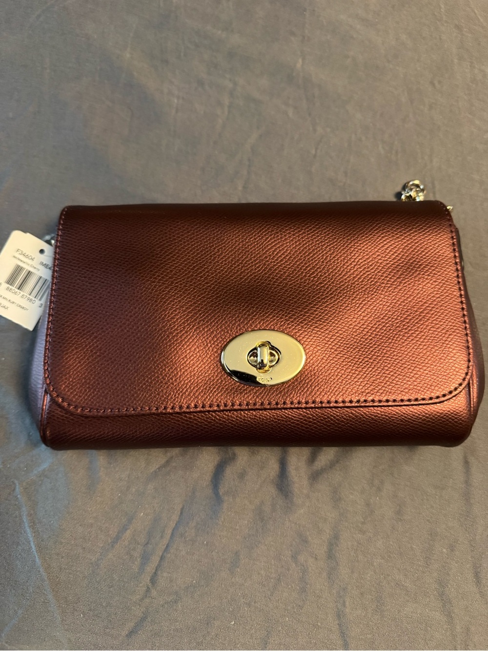 Coach Metallic Copper-Brown Leather Crossbody with Gold Turnlock